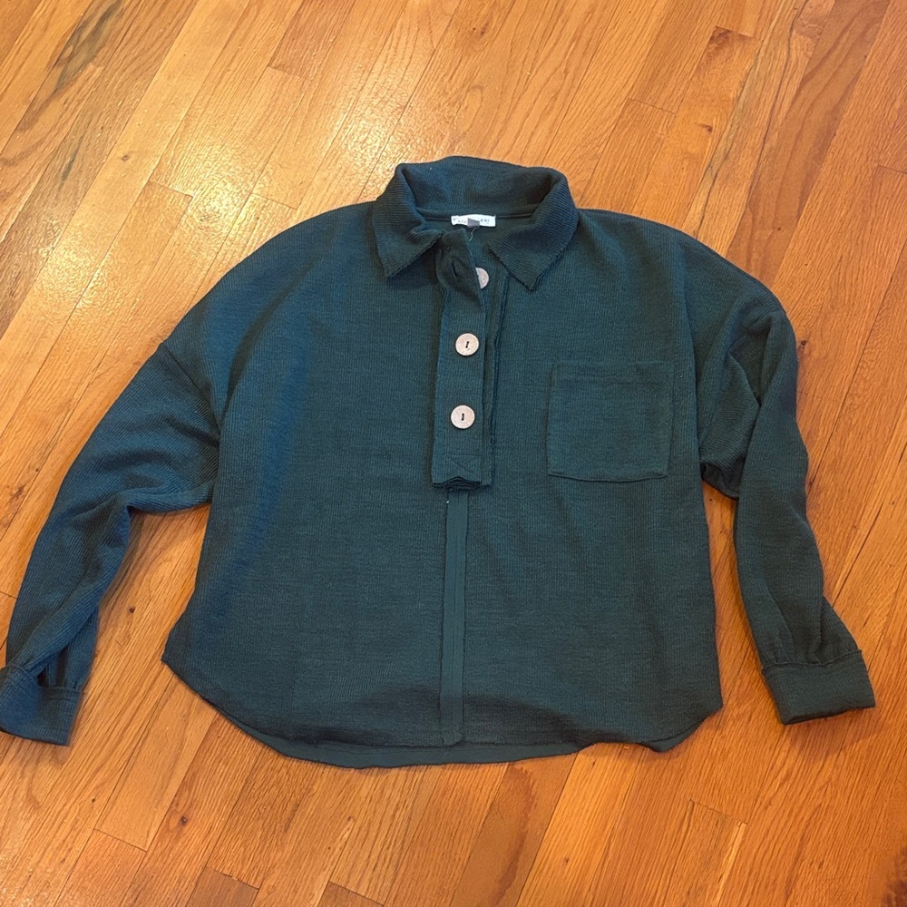 Blu Pepper Collared Raw Edge Green 3 Button Shirt Medium